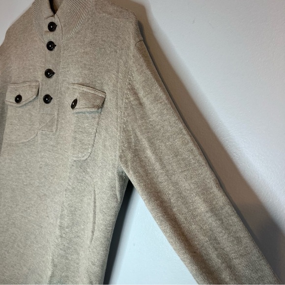 Gap Mens Sweater Large Tan Henley Wool Blend Double Elbows Mock Neck Pockets - Picture 4 of 12